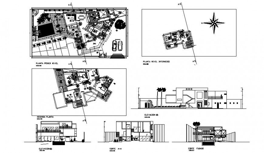 Elevation plan and sectional drawings details of building 2d view autocad file