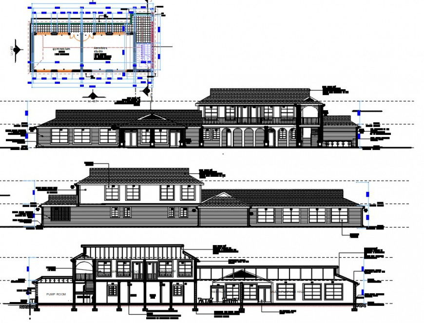 Elevation plan and sectional drawings of mini market dwg autocad file
