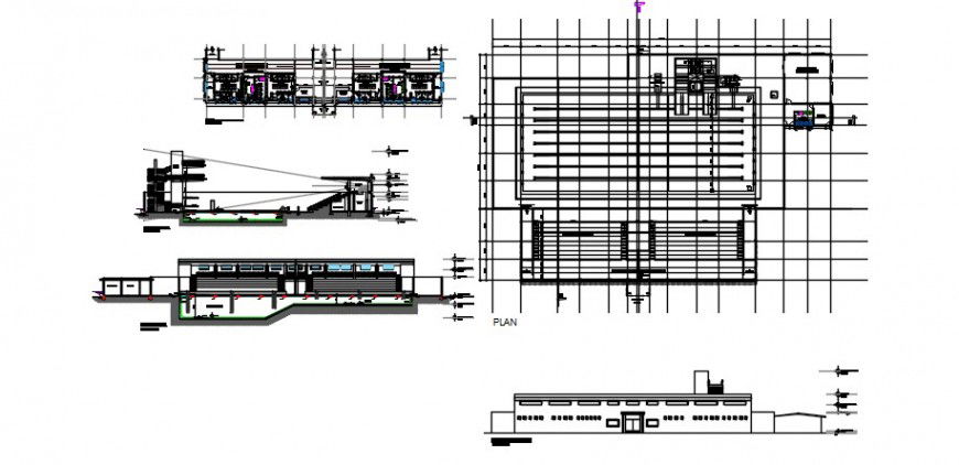 Elevation section and plan details of commercial building dwg file