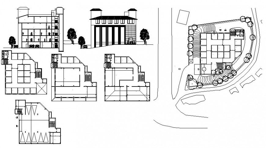 Elevation section and plan of building 2d drawing in autocad