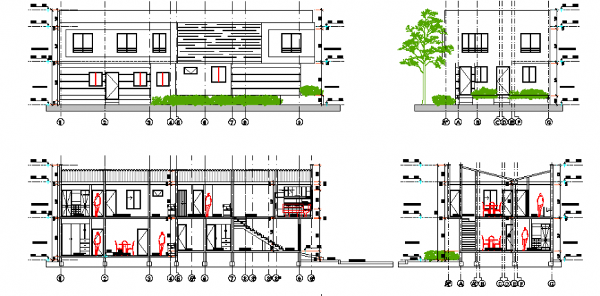Elevation section design drawing of corner house design drawing