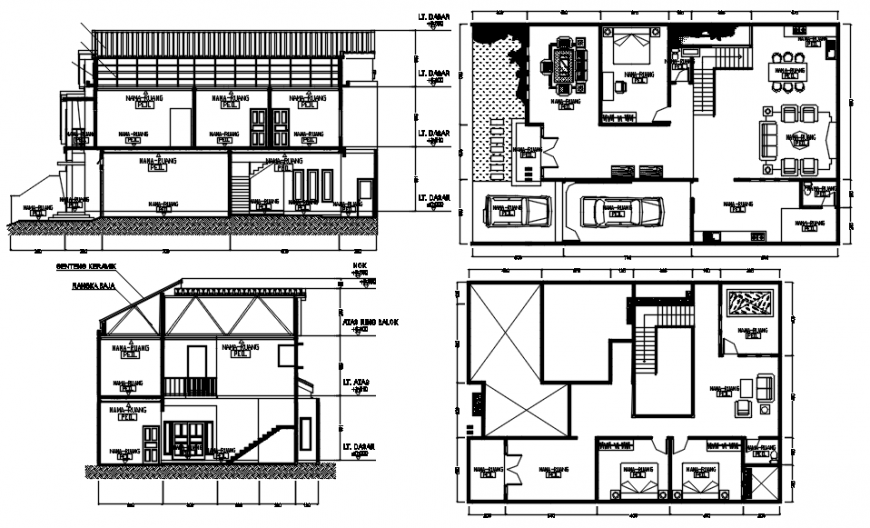 Elevation sectional and work plan of housing units dwg autocad file