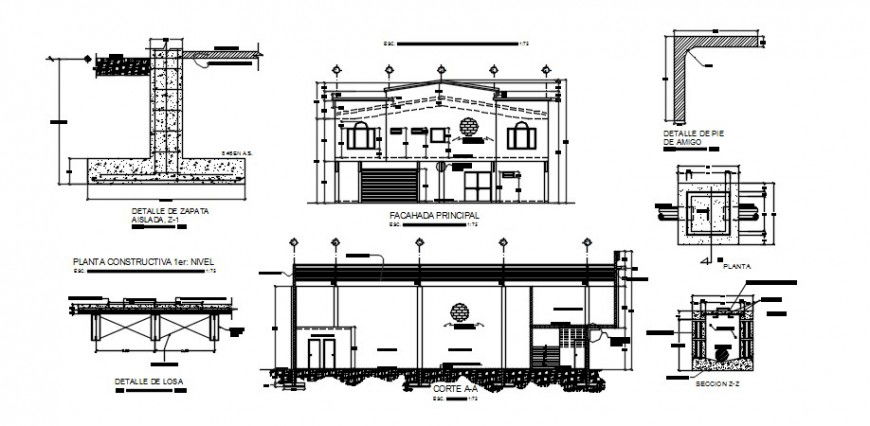 Elevation sectional drawings details of building with footing detail dwg file