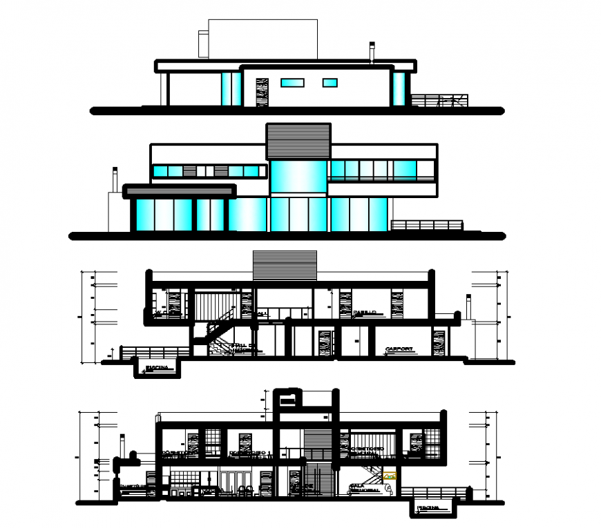 Elevation with detail of architectural design of house dwg file
