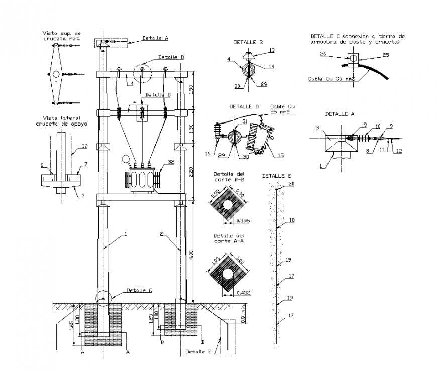 Elevation with detail of transformer and column area with electrical detail dwg file