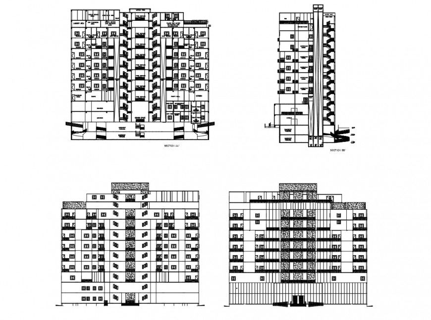 Elevation with different axis view of commercial Centre in auto cad