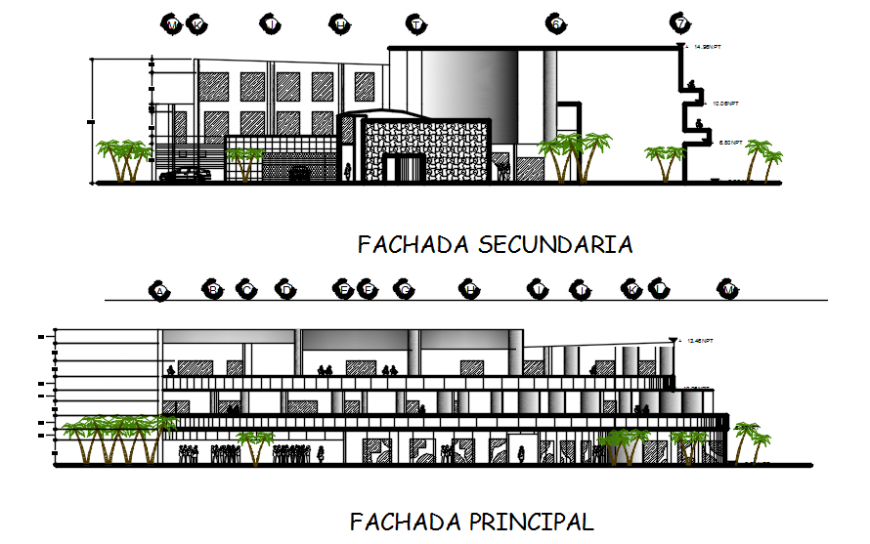 Elevation with different side for hotel design in auto cad