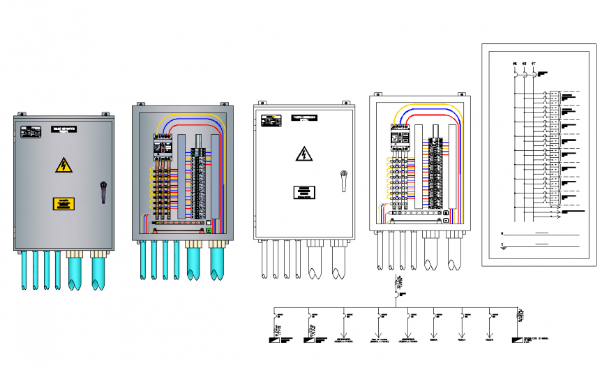 Elevation with electric wiring diagram of electrical control system dwg file