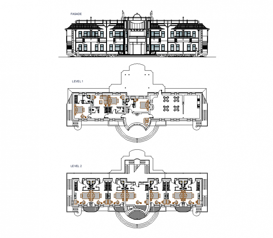 Elevation with floor level 1 and 2 plan of hotel design dwg file