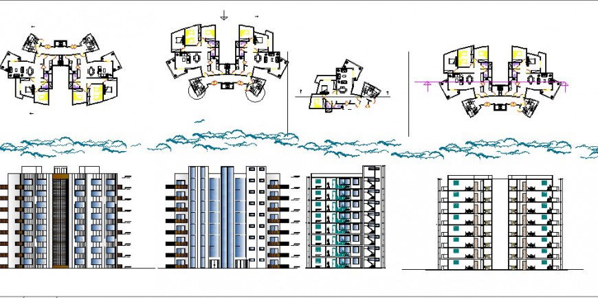 Elevations, section and floor plan drawing details of multi-family apartment building dwg file