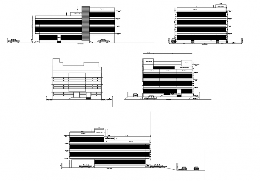 Elevations and sectional drawing details of apartment building dwg file