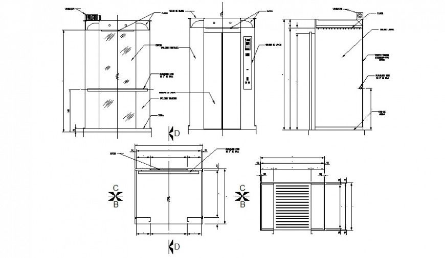 Elevator cabin elevations, section and installation drawing details dwg file