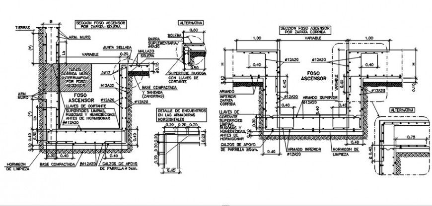 Elevator pit section, plan and installation drawing details dwg file