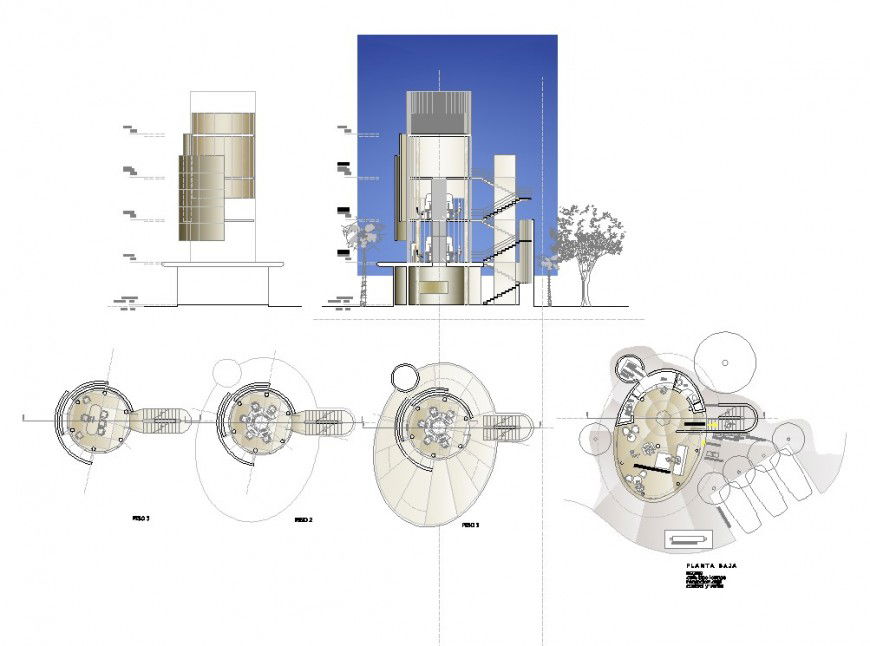Ellipse shape plan, elevation and section home detail dwg file