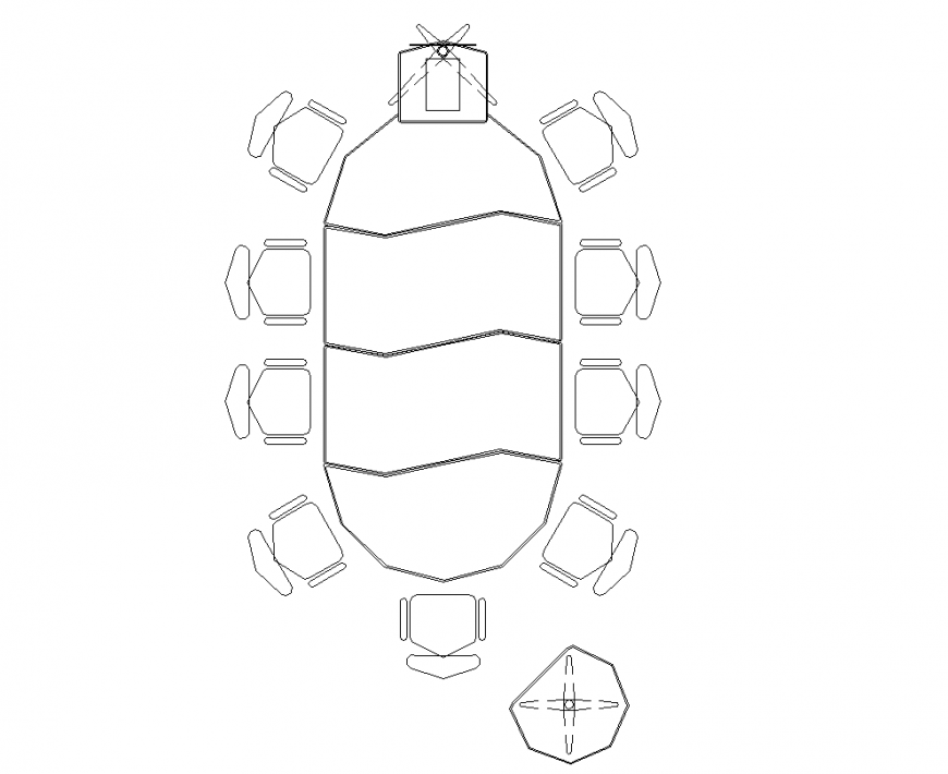 Elliptical shape design of dining table with head of family chair view dwg file