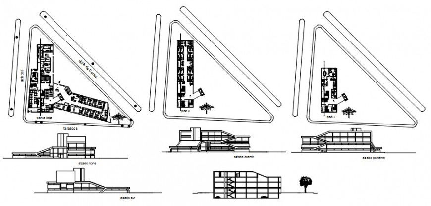 Emergency hospital all sided elevation, section and floor plan drawing details dwg file