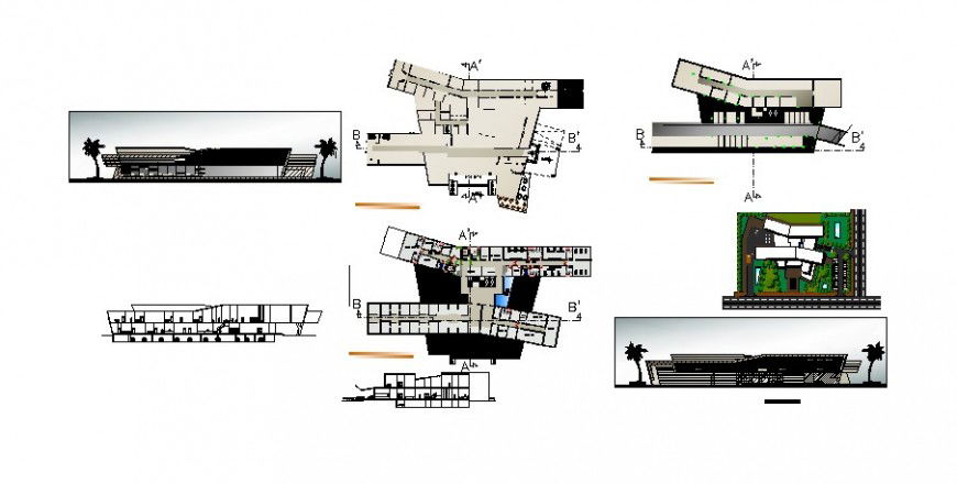 Emergency hospital elevation, section and floor plan details dwg file