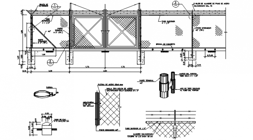 Enclosure cyclone type mesh fence section and installation drawing details dwg file