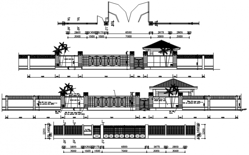 Entrance gate and perimeter fencing detailing drawings plan and elevation dwg file