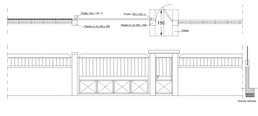 Entrance gate detail elevation and section 2d view layout file