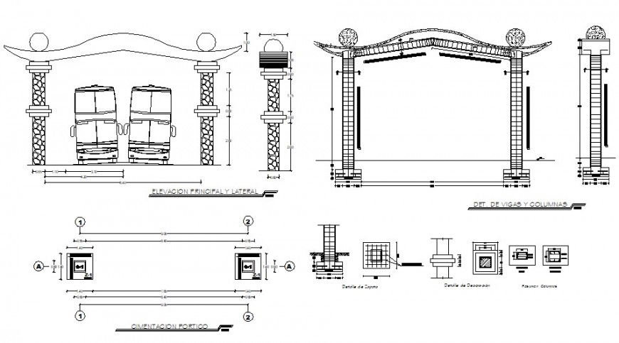 Entrance village gate elevation, plan and structure drawing details dwg file