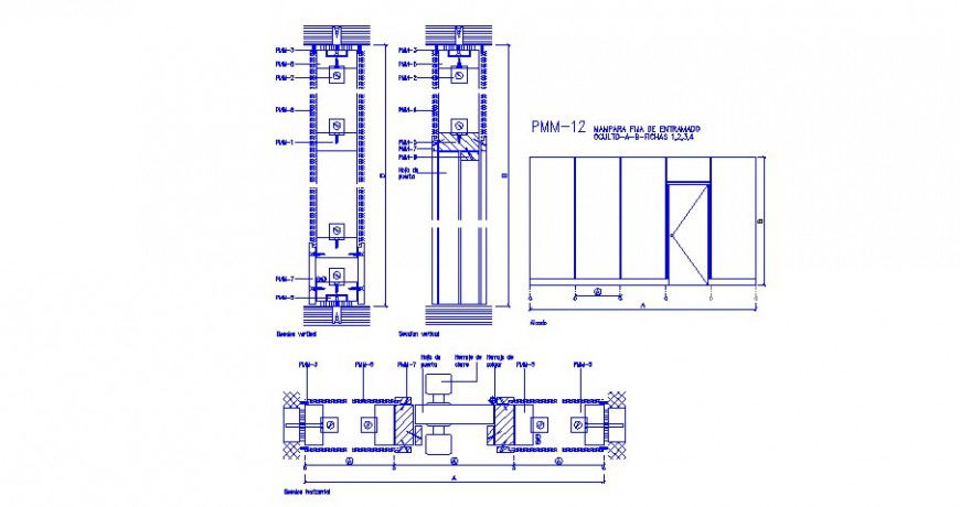 Entry door section and installation cad drawing details dwg file