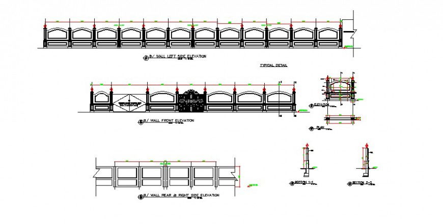 Entry gate and boundary wall detail 2d view layout elevation dwg file