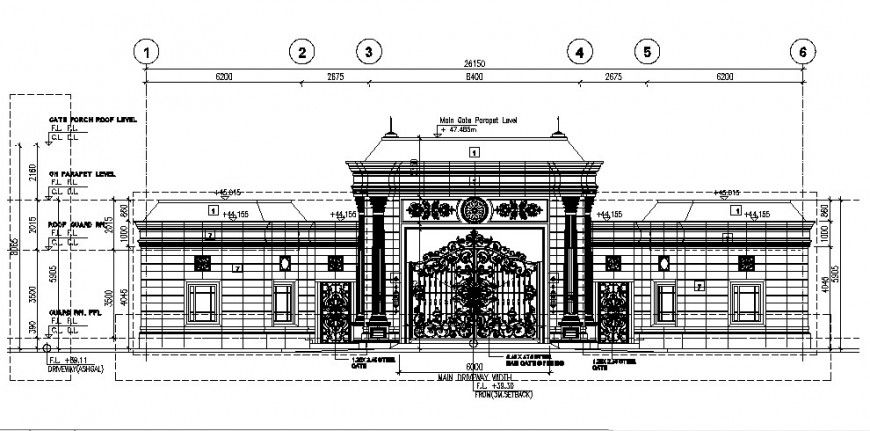 Entry gate and compound wall drawing 2d view autocad file