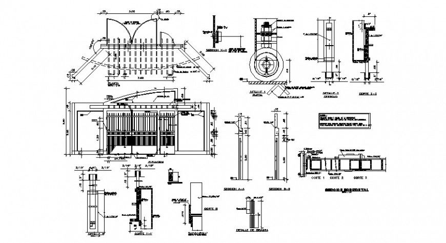 Entry gate blocks detail elevation and plan autocad drawing