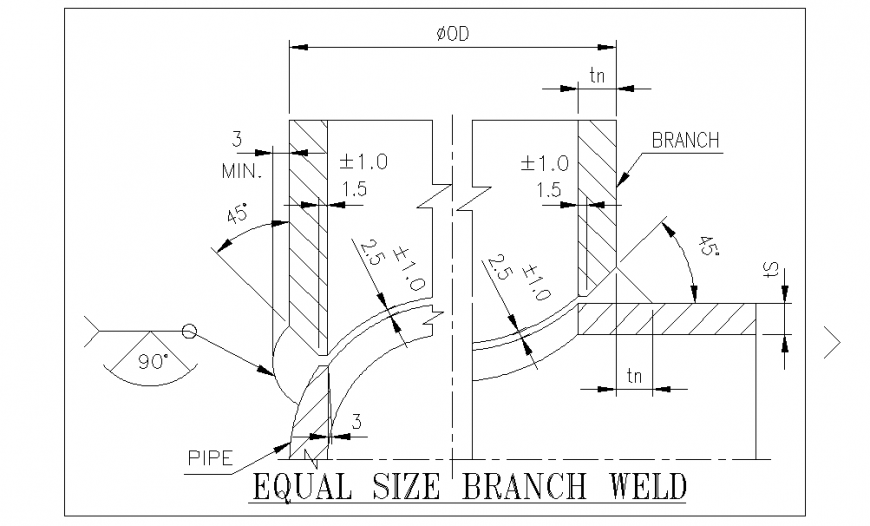 Equal size branch weld Design in DWG file