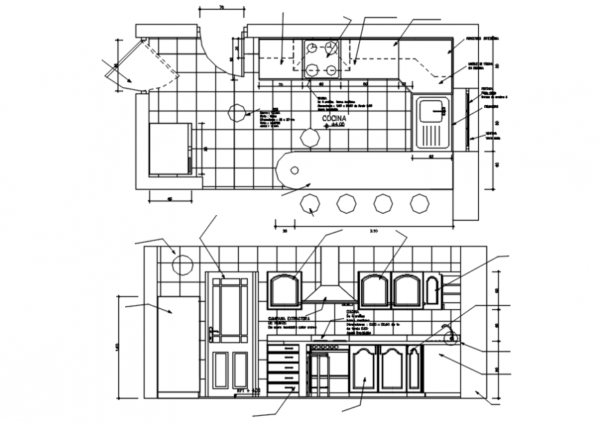 Equipped kitchen main section and layout plan cad drawing details dwg file