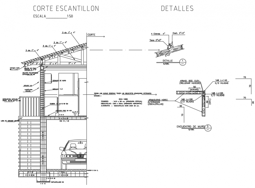 Escalation cut sectional constructive details of house dwg file