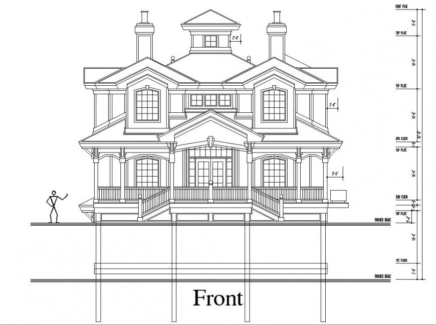 European house front elevation drawing in dwg file.