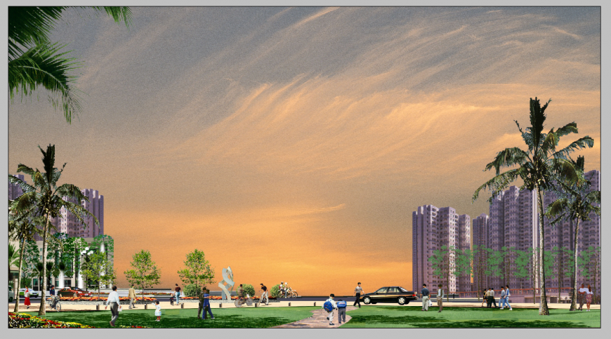 Evening scenario of area detail elevation 3d model photo shop file