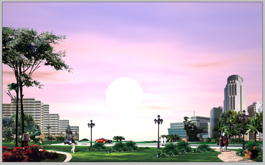 Evening time detail residential area 3d model PSD file