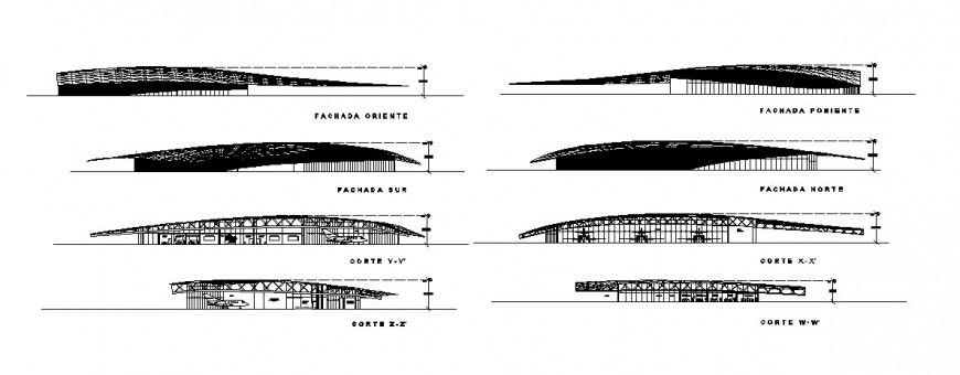 Executive flight terminal building all sided elevation and sectional details dwg file