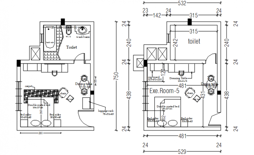 Executive hotel bedrooms plan with furniture drawing details dwg file