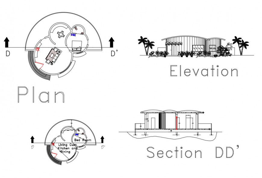 Executive house elevation, section and plan details dwg file