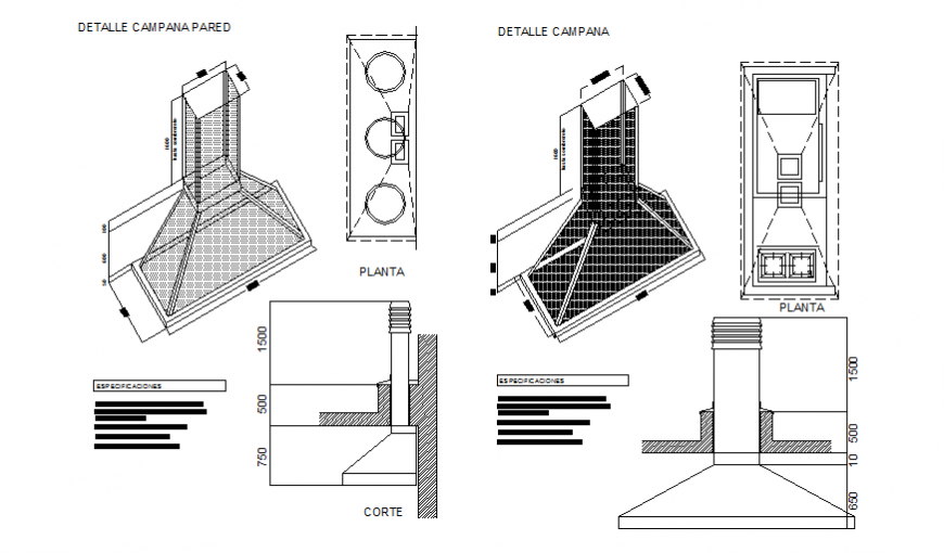 Exhaust hood for school kitchen elevation, section and plan details dwg file