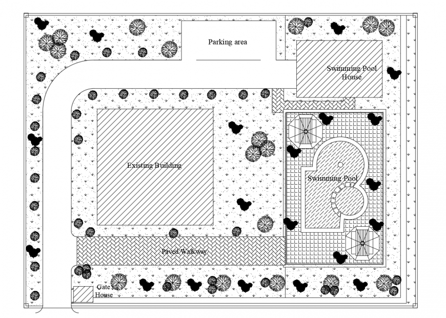 Existing house site layout plan and landscaping cad drawing details dwg file