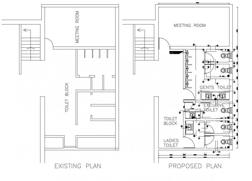 Existing plan and proposed plan of office toilet blocks cad drawing details dwg file