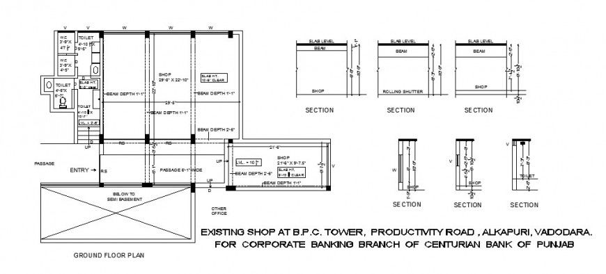 Existing shop section and ground floor plan cad drawing details dwg file