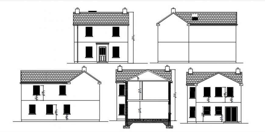 Extension to house all sided elevation and section drawing details dwg file