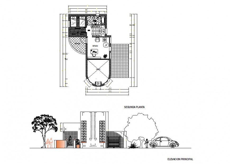 Exterior building and top view plan detail dwg file