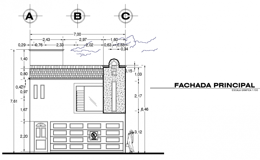 Exterior elevation of the of the house drawing in dwg AutoCAD file.