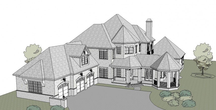 Exterior view 2d of a big bungalow detail