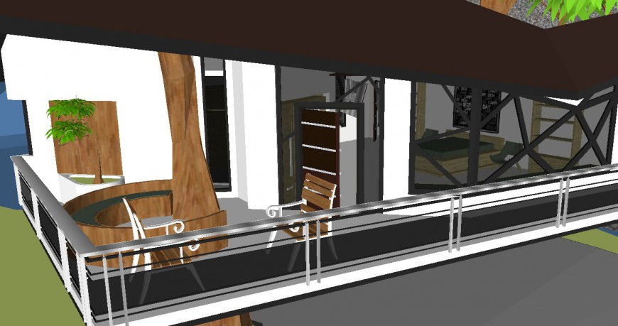 3D CAD exterior seating area design with wooden chair table view