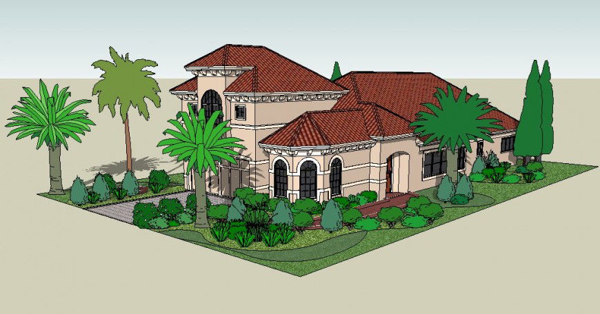 Exterior view of Farm house 3d model in AutoCAD file.