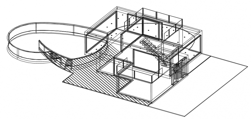 Exterior wireframe 3d model bungalow elevation dwg file