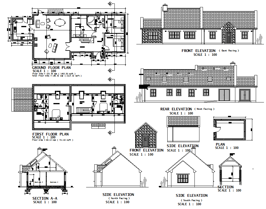 Detailed Two Floor House Plan with Elevations and Section Views